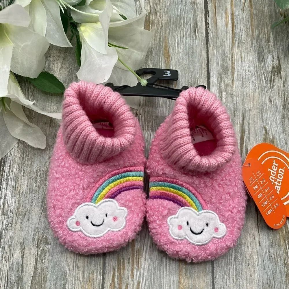 Baby Girls Teddy Knit Rainbow Comfy Soft Slippers Shoes Size 3